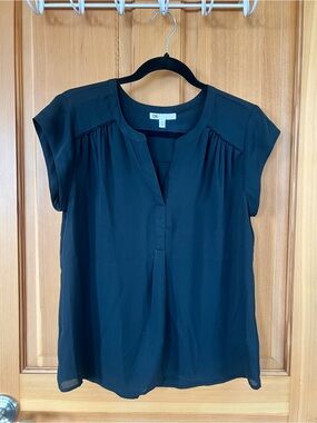 DR2 Black Cap-Sleeve Pleated V-Neck Loose Lightweight Women’s Blouse